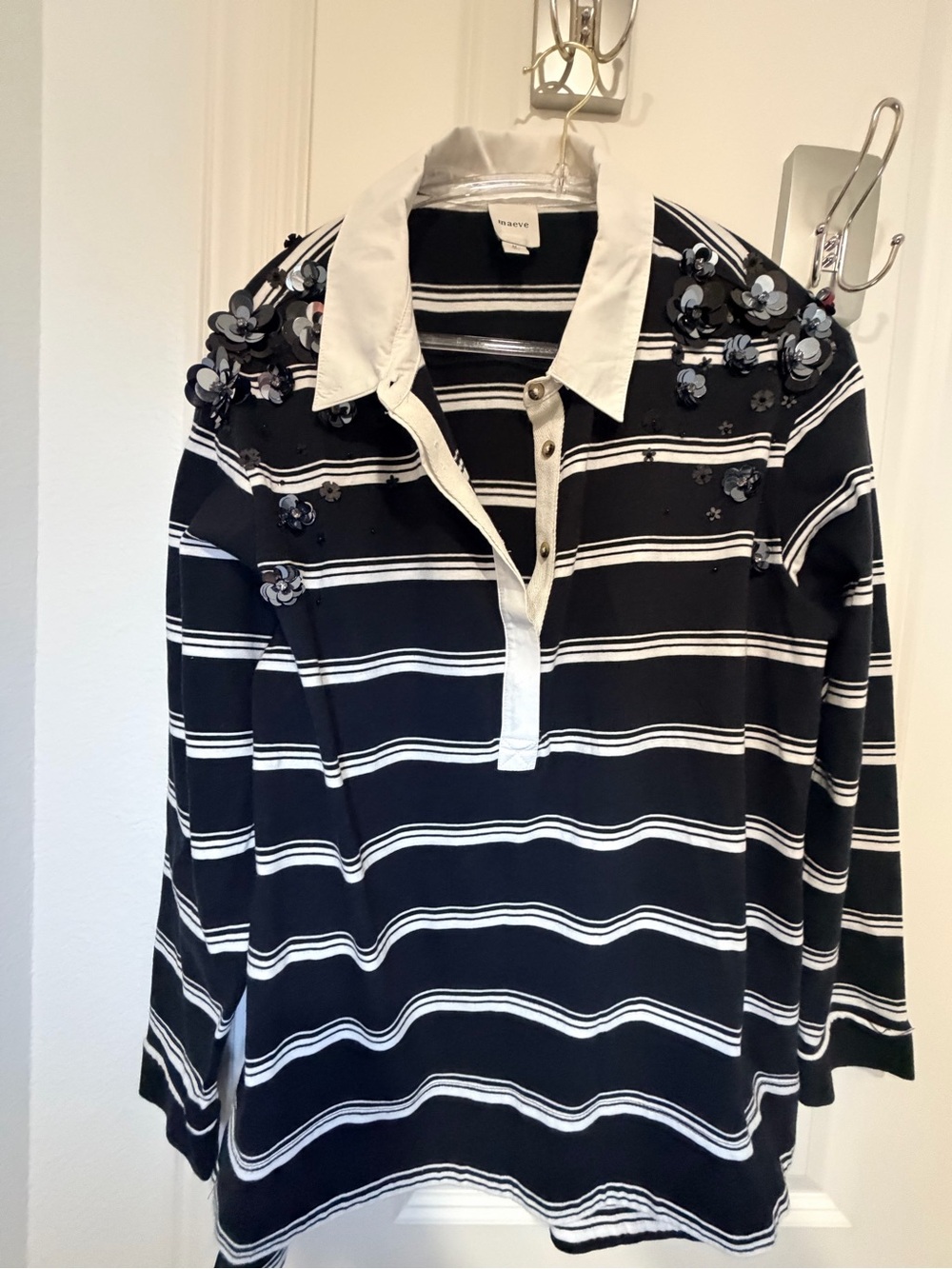 Maeve Black and White Striped Polo with Floral Sequin Shoulders